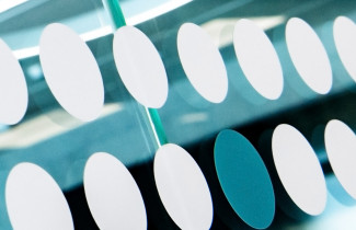 Round stickers on glass wall.